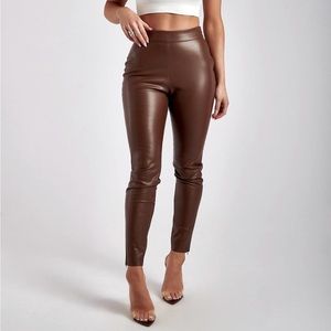 Meshki Womens Pants | Shayla | Skinny Faux Leather Split Pant – Chocolate